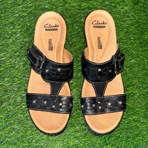 Clarks Sandals Womens 7.5 Black Leather Studs Platform Wedge